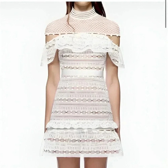 Self-Portrait Yoke Frill Mini White Dress Size 4 - Picture 5 of 16